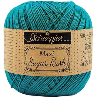 Scheepjes Maxi Sugar Rush 401 Dark Teal Indhold: 100% Bomuld Vægt/længde: 50 gram = ca. 280 meter Anbefalede pinde: 1.25 - 1.50 mm Strikkefasthed: 10 x 10 cm = 25m x 33p Maskinvask, 60°C / Tørres fladt.