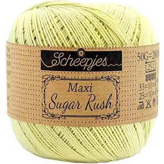 Scheepjes Maxi Sugar Rush 392 Lime Juice Indhold: 100% Bomuld Vægt/længde: 50 gram = ca. 280 meter Anbefalede pinde: 1.25 - 1.50 mm Strikkefasthed: 10 x 10 cm = 25m x 33p Maskinvask, 60°C / Tørres fladt.