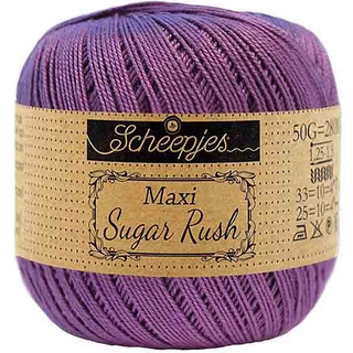 Scheepjes Maxi Sugar Rush 113 Delphinium Indhold: 100% Bomuld Vægt/længde: 50 gram = ca. 280 meter Anbefalede pinde: 1.25 - 1.50 mm Strikkefasthed: 10 x 10 cm = 25m x 33p Maskinvask, 60°C / Tørres fladt.