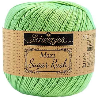Scheepjes Maxi Sugar Rush 513 Spring Green Indhold: 100% Bomuld Vægt/længde: 50 gram = ca. 280 meter Anbefalede pinde: 1.25 - 1.50 mm Strikkefasthed: 10 x 10 cm = 25m x 33p Maskinvask, 60°C / Tørres fladt.
