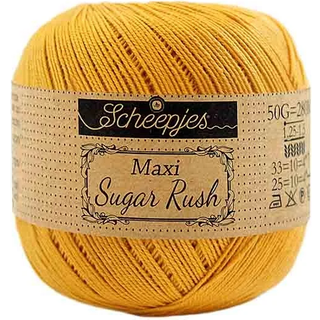 Scheepjes Maxi Sugar Rush 249 Saffron Indhold: 100% Bomuld Vægt/længde: 50 gram = ca. 280 meter Anbefalede pinde: 1.25 - 1.50 mm Strikkefasthed: 10 x 10 cm = 25m x 33p Maskinvask, 60°C / Tørres fladt.
