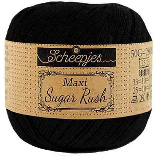 Scheepjes Maxi Sugar Rush 110 Black Indhold: 100% Bomuld Vægt/længde: 50 gram = ca. 280 meter Anbefalede pinde: 1.25 - 1.50 mm Strikkefasthed: 10 x 10 cm = 25m x 33p Maskinvask, 60°C / Tørres fladt.