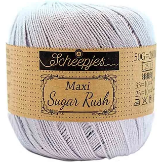 Scheepjes Maxi Sugar Rush 399 Lilac Mist Indhold: 100% Bomuld Vægt/længde: 50 gram = ca. 280 meter Anbefalede pinde: 1.25 - 1.50 mm Strikkefasthed: 10 x 10 cm = 25m x 33p Maskinvask, 60°C / Tørres fladt.