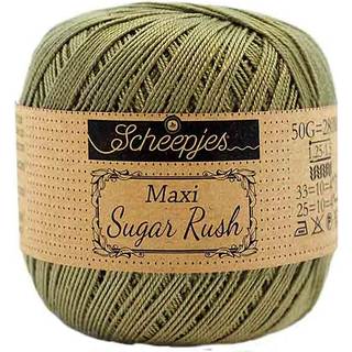Scheepjes Maxi Sugar Rush 395 Willow Indhold: 100% Bomuld Vægt/længde: 50 gram = ca. 280 meter Anbefalede pinde: 1.25 - 1.50 mm Strikkefasthed: 10 x 10 cm = 25m x 33p Maskinvask, 60°C / Tørres fladt.