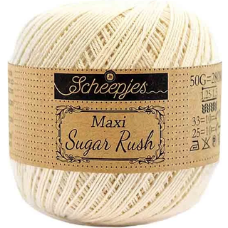Scheepjes Maxi Sugar Rush 130 Old Lace Indhold: 100% Bomuld Vægt/længde: 50 gram = ca. 280 meter Anbefalede pinde: 1.25 - 1.50 mm Strikkefasthed: 10 x 10 cm = 25m x 33p Maskinvask, 60°C / Tørres fladt.