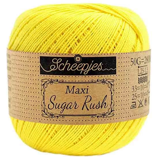 Scheepjes Maxi Sugar Rush 280 Lemon Indhold: 100% Bomuld Vægt/længde: 50 gram = ca. 280 meter Anbefalede pinde: 1.25 - 1.50 mm Strikkefasthed: 10 x 10 cm = 25m x 33p Maskinvask, 60°C / Tørres fladt.