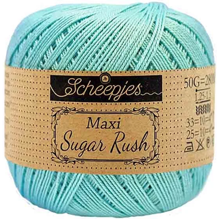 Scheepjes Maxi Sugar Rush 397 Cyan Indhold: 100% Bomuld Vægt/længde: 50 gram = ca. 280 meter Anbefalede pinde: 1.25 - 1.50 mm Strikkefasthed: 10 x 10 cm = 25m x 33p Maskinvask, 60°C / Tørres fladt.