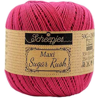 Scheepjes Maxi Sugar Rush 413 Cherry Indhold: 100% Bomuld Vægt/længde: 50 gram = ca. 280 meter Anbefalede pinde: 1.25 - 1.50 mm Strikkefasthed: 10 x 10 cm = 25m x 33p Maskinvask, 60°C / Tørres fladt.