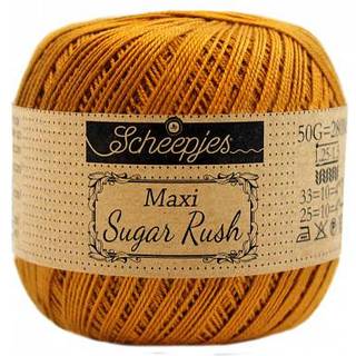 Scheepjes Maxi Sugar Rush 383 Ginger Gold Indhold: 100% Bomuld Vægt/længde: 50 gram = ca. 280 meter Anbefalede pinde: 1.25 - 1.50 mm Strikkefasthed: 10 x 10 cm = 25m x 33p Maskinvask, 60°C / Tørres fladt.