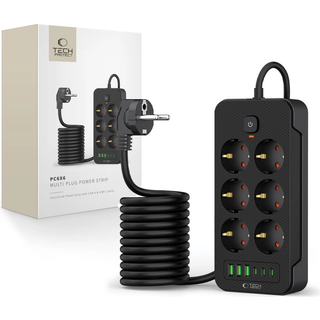 Tech-Protect Strømskinne m. 6 x Udtag / 3 x USB-A / 3 x USB-C (2m) - Sort