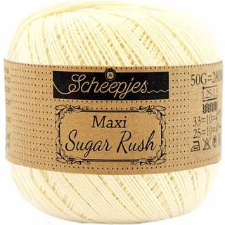 Scheepjes Maxi Sugar Rush 101 Candle Light Indhold: 100% Bomuld Vægt/længde: 50 gram = ca. 280 meter Anbefalede pinde: 1.25 - 1.50 mm Strikkefasthed: 10 x 10 cm = 25m x 33p Maskinvask, 60°C / Tørres fladt.