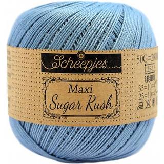 Scheepjes Maxi Sugar Rush 510 Sky Blue Indhold: 100% Bomuld Vægt/længde: 50 gram = ca. 280 meter Anbefalede pinde: 1.25 - 1.50 mm Strikkefasthed: 10 x 10 cm = 25m x 33p Maskinvask, 60°C / Tørres fladt.