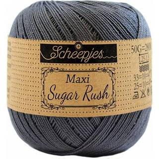 Scheepjes Maxi Sugar Rush 393 Charcoal Indhold: 100% Bomuld Vægt/længde: 50 gram = ca. 280 meter Anbefalede pinde: 1.25 - 1.50 mm Strikkefasthed: 10 x 10 cm = 25m x 33p Maskinvask, 60°C / Tørres fladt.