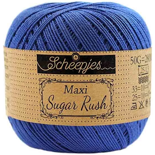 Scheepjes Maxi Sugar Rush 201 Electric Blue Indhold: 100% Bomuld Vægt/længde: 50 gram = ca. 280 meter Anbefalede pinde: 1.25 - 1.50 mm Strikkefasthed: 10 x 10 cm = 25m x 33p Maskinvask, 60°C / Tørres fladt.