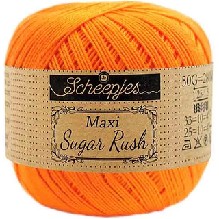 Scheepjes Maxi Sugar Rush 281 Tangerine Indhold: 100% Bomuld Vægt/længde: 50 gram = ca. 280 meter Anbefalede pinde: 1.25 - 1.50 mm Strikkefasthed: 10 x 10 cm = 25m x 33p Maskinvask, 60°C / Tørres fladt.
