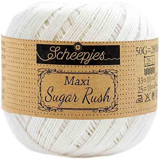 Scheepjes Maxi Sugar Rush 105 Bridal White Indhold: 100% Bomuld Vægt/længde: 50 gram = ca. 280 meter Anbefalede pinde: 1.25 - 1.50 mm Strikkefasthed: 10 x 10 cm = 25m x 33p Maskinvask, 60°C / Tørres fladt.