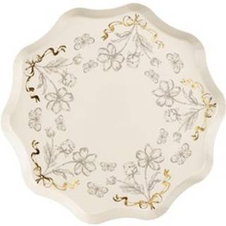 6 stk. Paptallerkner Beige med Guld Blomsterdesign – Luksuriøs 20 cm Festdækning