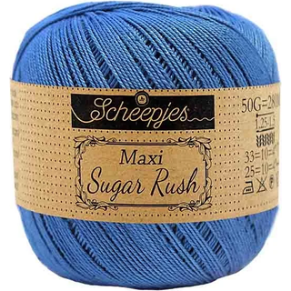 Scheepjes Maxi Sugar Rush 215 Royal Blue Indhold: 100% Bomuld Vægt/længde: 50 gram = ca. 280 meter Anbefalede pinde: 1.25 - 1.50 mm Strikkefasthed: 10 x 10 cm = 25m x 33p Maskinvask, 60°C / Tørres fladt.