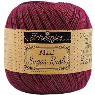 Scheepjes Maxi Sugar Rush 750 Bordeaux Indhold: 100% Bomuld Vægt/længde: 50 gram = ca. 280 meter Anbefalede pinde: 1.25 - 1.50 mm Strikkefasthed: 10 x 10 cm = 25m x 33p Maskinvask, 60°C / Tørres fladt.