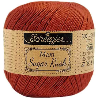 Scheepjes Maxi Sugar Rush 388 Rust Indhold: 100% Bomuld Vægt/længde: 50 gram = ca. 280 meter Anbefalede pinde: 1.25 - 1.50 mm Strikkefasthed: 10 x 10 cm = 25m x 33p Maskinvask, 60°C / Tørres fladt.