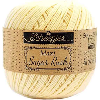 Scheepjes Maxi Sugar Rush 403 Lemonade Indhold: 100% Bomuld Vægt/længde: 50 gram = ca. 280 meter Anbefalede pinde: 1.25 - 1.50 mm Strikkefasthed: 10 x 10 cm = 25m x 33p Maskinvask, 60°C / Tørres fladt.