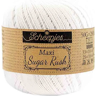 Scheepjes Maxi Sugar Rush 106 Snow White Indhold: 100% Bomuld Vægt/længde: 50 gram = ca. 280 meter Anbefalede pinde: 1.25 - 1.50 mm Strikkefasthed: 10 x 10 cm = 25m x 33p Maskinvask, 60°C / Tørres fladt.