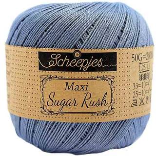 Scheepjes Maxi Sugar Rush 247 Bluebird Indhold: 100% Bomuld Vægt/længde: 50 gram = ca. 280 meter Anbefalede pinde: 1.25 - 1.50 mm Strikkefasthed: 10 x 10 cm = 25m x 33p Maskinvask, 60°C / Tørres fladt.