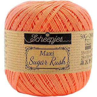 Scheepjes Maxi Sugar Rush 410 Rich Coral Indhold: 100% Bomuld Vægt/længde: 50 gram = ca. 280 meter Anbefalede pinde: 1.25 - 1.50 mm Strikkefasthed: 10 x 10 cm = 25m x 33p Maskinvask, 60°C / Tørres fladt.