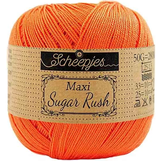 Scheepjes Maxi Sugar Rush 189 Royal Orange Indhold: 100% Bomuld Vægt/længde: 50 gram = ca. 280 meter Anbefalede pinde: 1.25 - 1.50 mm Strikkefasthed: 10 x 10 cm = 25m x 33p Maskinvask, 60°C / Tørres fladt.