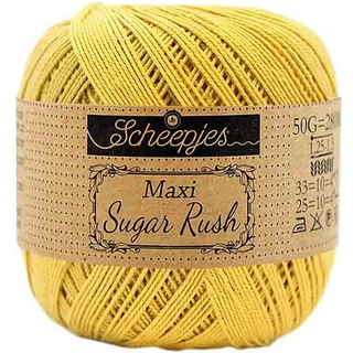 Scheepjes Maxi Sugar Rush 154 Gold Indhold: 100% Bomuld Vægt/længde: 50 gram = ca. 280 meter Anbefalede pinde: 1.25 - 1.50 mm Strikkefasthed: 10 x 10 cm = 25m x 33p Maskinvask, 60°C / Tørres fladt.