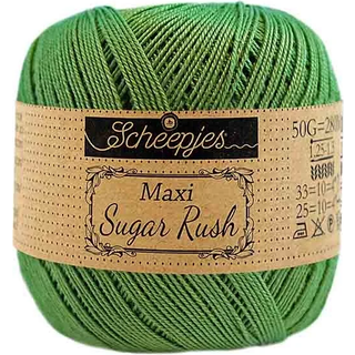 Scheepjes Maxi Sugar Rush 412 Forest Green Indhold: 100% Bomuld Vægt/længde: 50 gram = ca. 280 meter Anbefalede pinde: 1.25 - 1.50 mm Strikkefasthed: 10 x 10 cm = 25m x 33p Maskinvask, 60°C / Tørres fladt.