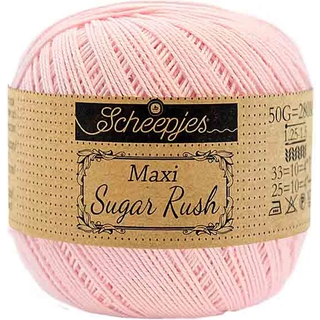 Scheepjes Maxi Sugar Rush 238 Powder Pink Indhold: 100% Bomuld Vægt/længde: 50 gram = ca. 280 meter Anbefalede pinde: 1.25 - 1.50 mm Strikkefasthed: 10 x 10 cm = 25m x 33p Maskinvask, 60°C / Tørres fladt.
