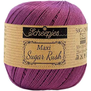Scheepjes Maxi Sugar Rush 282 Ultra Violet Indhold: 100% Bomuld Vægt/længde: 50 gram = ca. 280 meter Anbefalede pinde: 1.25 - 1.50 mm Strikkefasthed: 10 x 10 cm = 25m x 33p Maskinvask, 60°C / Tørres fladt.