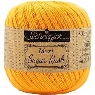 Scheepjes Maxi Sugar Rush 208 Yellow Gold Indhold: 100% Bomuld Vægt/længde: 50 gram = ca. 280 meter Anbefalede pinde: 1.25 - 1.50 mm Strikkefasthed: 10 x 10 cm = 25m x 33p Maskinvask, 60°C / Tørres fladt.
