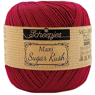 Scheepjes Maxi Sugar Rush 517 Ruby Indhold: 100% Bomuld Vægt/længde: 50 gram = ca. 280 meter Anbefalede pinde: 1.25 - 1.50 mm Strikkefasthed: 10 x 10 cm = 25m x 33p Maskinvask, 60°C / Tørres fladt.