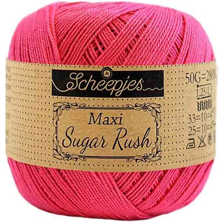 Scheepjes Maxi Sugar Rush 786 Fuchsia Indhold: 100% Bomuld Vægt/længde: 50 gram = ca. 280 meter Anbefalede pinde: 1.25 - 1.50 mm Strikkefasthed: 10 x 10 cm = 25m x 33p Maskinvask, 60°C / Tørres fladt.
