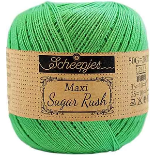 Scheepjes Maxi Sugar Rush 389 Apple Green Indhold: 100% Bomuld Vægt/længde: 50 gram = ca. 280 meter Anbefalede pinde: 1.25 - 1.50 mm Strikkefasthed: 10 x 10 cm = 25m x 33p Maskinvask, 60°C / Tørres fladt.