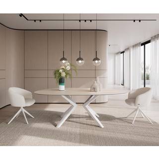 Esstisch Edge Oval 220x120 Keramik Laminam®Travertino Bianco Creme-Weiß? Zenthara kantig Metall Weiß