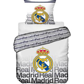 Real Madrid sengetøj - Hvidt vendbart sengesæt med logo og tekst - 140x200 cm - 100% bomulds sengelinned - Fodbold sengetøj