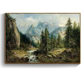 crmotu vintage inramad väggkonst berg flod landskap duk målning tall träd skog konsttryck rustik bondgård hem dekorationer bilder väggdekor varda