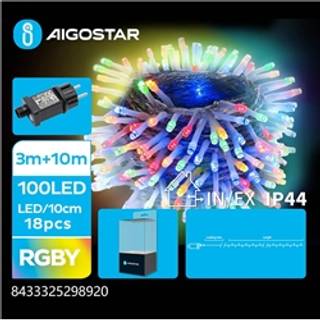 LED lyskæde, RGBY, 3M+10M, 100LED - 10CM/LED, Gennemsigtig Ledning, 8 Blinkemønstre + Timer, IP44