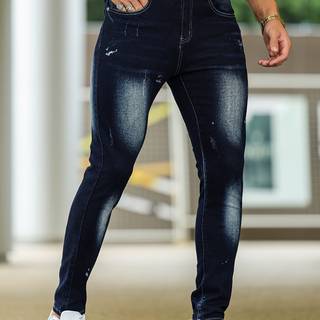 TEMU Men's Slim-fit Stretch Denim Jeans - Casual Washed Blue, Mid-rise With Button Closure, Comfortable Wear, Casual Attire, Comfortable Clothing | | Medium Stretch Fabric