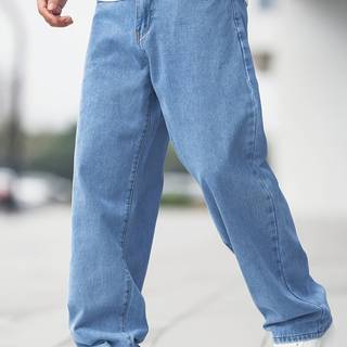 TEMU Men's Casual Wide-leg Jeans With Diagonal Pockets, Light Wash, Medium Stretch Straight-leg Design, Regular Length For Casual Attire