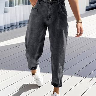 TEMU Women's Stretchy Fashion Pleated Tapered Pants, Retro Trendy For Shopping And , Weekend Leisure, Outdoor Activities, -summer Collection, Classic Slant Pocket Washed Black Jeans,