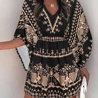 TEMU Vintage Boho Chic Bell Sleeves & Loose Waist Maxi Dress For Women - V-neck, Tribal Print, Hem, Spring/summer/fall Casual Or Vacation Wear, Bohemian Dress