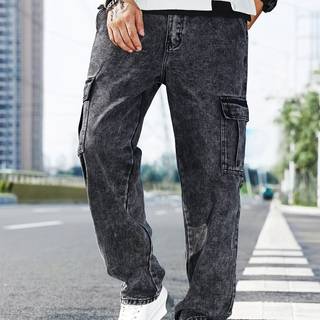 TEMU Men's Casual Cargo Denim Denim - Mid-stretch Straight Leg With Multiple Pockets, Mid-rise Regular Fit, & Durable Snowflake Denim For Casual Attire, Comfortable Fashion, Pockets, Medium Elasticity