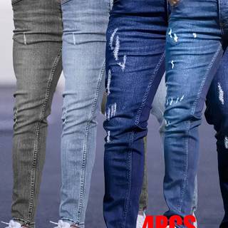 TEMU Men's High-quality Stretchy Casual Jeans 4pcs Set - Slim Fit, Washed Blue & Gray, Comfortable Wear With White Sneakers, Everyday | Slim Fit Jeans |