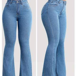 TEMU Women's High-waist Stretch Flare Jeans - Light Blue, Slim Fit, Button Closure, Casual Long-length Denim Pants For All , High Waisted Jeans, Comfortable Fashion, Durable Fabric