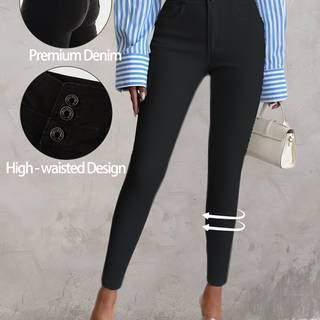 TEMU Women&;s High-waist Stretch Skinny Jeans - Elegant Black Denim With Triple Button Closure, Slim Fit & Butt Lift, Mid-rise,, Casual To Dressy Style, Jeans | Elegant Denim | Detailed Stitching