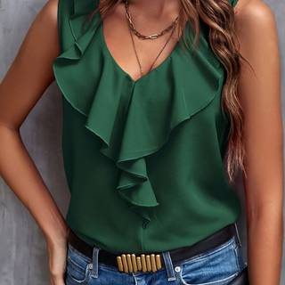 TEMU Women's Elegant V-neck Sleeveless Blouse - Solid Color Summer Top With Non-stretch Fabric, Machine Washable & Versatile Casual To Formal Wear, , Smooth Texture Fabric